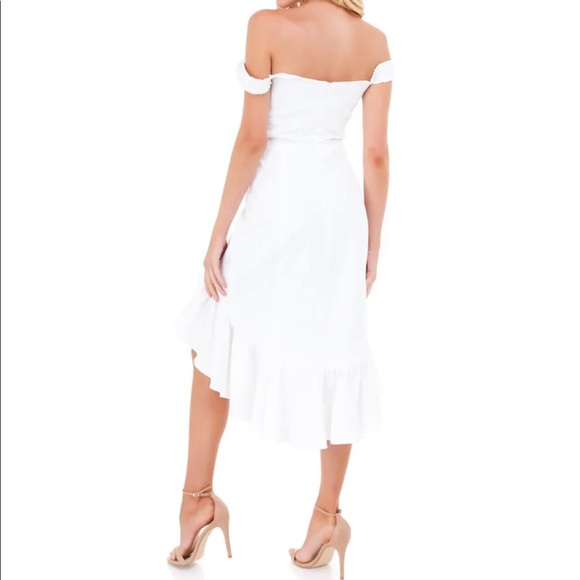 WAYF Genoa off the shoulder white linen ruffle high low hem asymmetrical dress - Picture 3 of 13